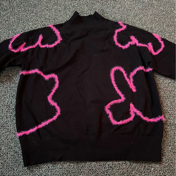 Modest Black Pink Flower Embroidered Mohair Design Mockneck Long-Sleeve Sweater - Picture 5 of 13